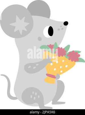 Niedliche Maus mit Blumenstrauß. Romantisches Baby Tier Stock Vektor