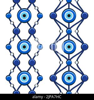 Set von vertikalen nahtlosen Mustern mit Auge von fatima und Perlen. Vektorgrafik. Stock Vektor