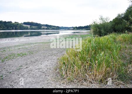 Ardingly Reservoir am 14.. August 2022 bei Dürrebedingungen in der Nähe von Balcombe, West Sussex, England, Großbritannien. Stockfoto