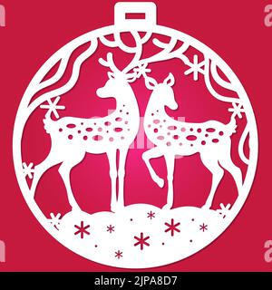 Schablone zum Laserschneiden von beliebigen Materialien. Weihnachtsball mit Hirsch. Für die Gestaltung von Weihnachten und Neujahr Dekorationen, Weihnachtsdekorationen, e Stock Vektor