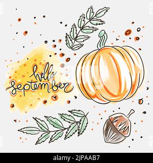 Hallo September, handgeschriebene Schriftzüge, Herbstillustration, Eicheln, Kürbis und Blätter, Aquarell, Doodle Stock Vektor