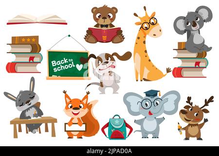 Satz von Schultieren. Lustige Zeichentrickfilm Schüler Zeichen schreiben, studieren, Bücher lesen. Netter Hundelehrer an der Tafel und Elefant in Abschlusskappe. Vektor-Illustration im Cartoon-Stil für Kinder Stock Vektor