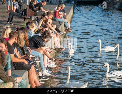 Prag, Tschechische Republik - 2022. Juni: Touristen und Einheimische sitzen und trinken ein Bier auf der Naplavka entlang der Moldau in Prag Stockfoto