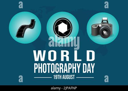 Jedes Jahr am 19.. August feiert der World Photography Day (auch bekannt als World Photo Day) Kunst, Handwerk, Wissenschaft und Geschichte der Fotografie. Stock Vektor