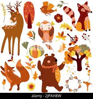 Herbst Set, niedliche Waldtiere niedlichen Hirsch, gerissen Fuchs, Eule und andere Herbst Elemente, farbige Bäume, Herbstblätter, Pilze. Perfekt für Web, Erntefest, Banner, Karten und Thanksgiving Stock Vektor