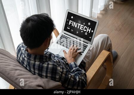 FinTech-Finanztechnologie-Software für modisches Geschäft zur Analyse der Marketingstrategie Stockfoto