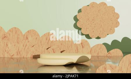 Abstrakte Bühne mit Kreispodium-Mockup mit Wolken, Berglandschaft in sanftem Hellgelb, Papierfarbe in schlichtem, minimalistischem, modernem Stil. 3D Stockfoto