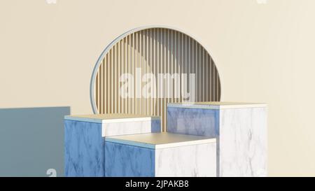 Leeres weißes Marmorpodium auf pastellfarbenem Hintergrund. Minimalboxen und geometrisches Podium. Szene mit geometrischen Formen. 3D Darstellung Stockfoto