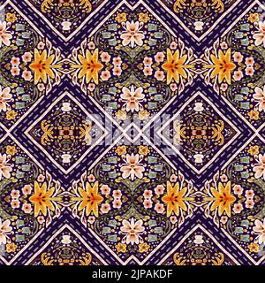 Rustikale provence Blumenmuster Hintergrund. Boho skurrile französische Farbmuster für wiederholte Kacheln. Country Cottage Vintage-Steppdruck. Stockfoto