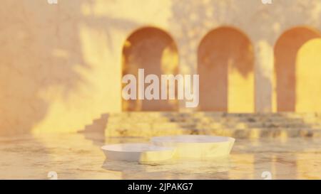 Leeres weißes Marmorpodium auf pastellfarbenem Hintergrund. Minimalboxen und geometrisches Podium. Szene mit geometrischen Formen. 3D Darstellung Stockfoto