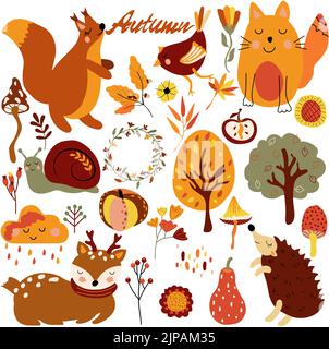 Herbst Set, niedliche Waldtiere und Elemente Herbst niedliches Eichhörnchen, Katze, Igel, Vogel, farbige Bäume, Herbstblätter, Pilze. Perfekt für Web, Erntefest, Banner, Karten und Thanksgiving Stock Vektor