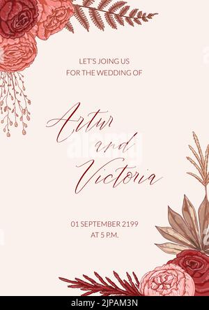 Moderne vertikale Boho-Hochzeitsdesigns für Einladung, Grußkarten, Poster. Speichern Sie das Datum. Handgezeichnete Vektorgrafik Stock Vektor