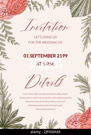 Moderne vertikale Boho-Hochzeitsdesigns für Einladung, Grußkarten, Poster. Speichern Sie das Datum. Handgezeichnete Vektorgrafik Stock Vektor