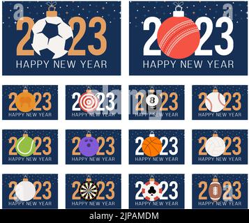 2023 Neujahr und weihnachten Sport Bannerset. Sammlung von Weihnachts-Grußkarte mit Sportball als Weihnachtsball auf blauem Hintergrund mit der Nummer 2023 Stock Vektor