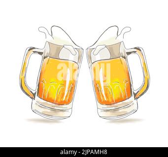 Zwei Tassen Bier mit Schaum in einem transparenten Becher auf weißem Hintergrund Stockfoto