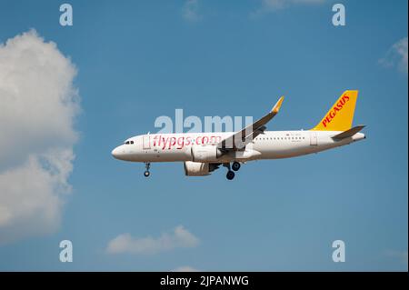 31.07.2022, Berlin, Deutschland, Europa - Ein Pegasus Airlines Airbus A320 Neo Passagierflugzeug nähert sich dem Flughafen Berlin Brandenburg zur Landung an. Stockfoto