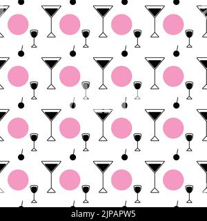 Abstraktes nahtloses Muster aus einem schwarz-weißen Satz von Vektor-Icons in Form von Gläsern und farbigen Flecken in trendigen rosa Shads auf transparentem Hintergrund. Geeignet für Cafés, Bars und Restaurants. Isolieren. Lifestyle. Stock Vektor