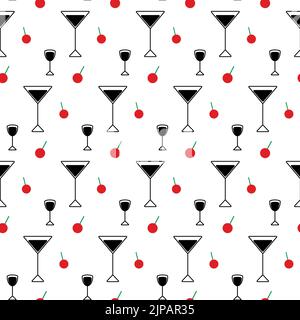 Abstraktes Nahtloses Muster aus einem schwarz-weißen Set von Vektor-Icons in Form von Gläsern und roter Kirsche in trendiger Tönung auf transparentem Hintergrund. Geeignet für Cafés, Bars und Restaurants. Isolieren. Lifestyle.