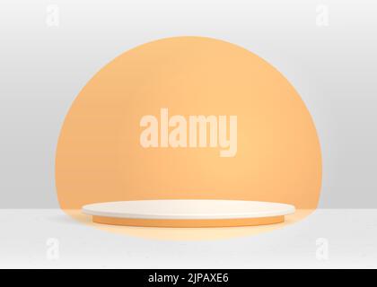 Podest mit weißem Zylinder. Realistische Vektorrendering 3D Form. Studio-Raumkonzept mit Podium und Spotlight minimaler Wandszene mit orangefarbenem Kreis Stock Vektor