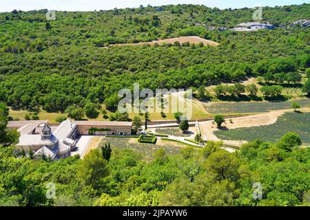 GORDES, FRANKREICH -1 JUL 2021- Blick auf die Abbaye Notre-Dame de Senanque, ein Wahrzeichen des Zisterzienserklosters, umgeben von Lavendelfeldern in Gordes, Lubero Stockfoto