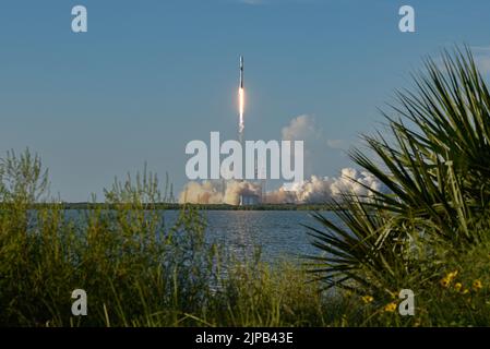 Eine Falcon 9-Rakete mit dem Korea Pathfinder Lunar Orbiter (KPLO) startet von der Cape Canaveral Space Force Station, Florida, 4. August 2022. Mit diesem Start wurde die erste Tiefraummission Südkoreas gestartet. (USA Space Force Foto von Senior Airman Dakota Raub) Stockfoto