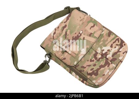 Schultertasche Militär isoliert auf weißem Hintergrund Stockfoto