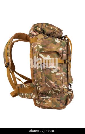 Camouflage Rucksack für den Wald und Militär Rucksack isoliert n weiß Stockfoto