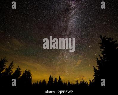 Fichte Knob, West Virginia, USA. 15. August 2022. Die Perseid-Meteore sind ein jährliches Ereignis, auf das sich viele Skywatcher freuen, da sie oft viele Sternschnuppen produzieren, die sie genießen können. Die Perseiden sind Trümmerreste von Komet Swift-Tuttle, die 133 Jahre benötigt, um die Sonne einmal zu umkreisen. Die Meteore lassen oft lange 'Erwachen' aus Licht und Farbe hinter sich, während sie durch die Erdatmosphäre Streifen. Sie sind auch für ihre Feuerbälle bekannt, die größere Explosionen aus Licht und Farbe sind, die länger andauern können als ein durchschnittlicher Meteoritenstreifen. Foto aufgenommen am Mittwoch, 11. August 2021, in Fichte Knob, West Virgin Stockfoto