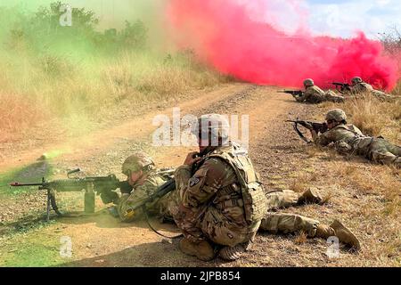 22. Juli 2022 - Richards Bay, Südafrika - Soldaten der Nationalgarde der New Yorker Armee der 107. Military Police Company nahmen am 22. Juli 2022 an einer Reaktion auf einen Hinterhalt mit der südafrikanischen Nationalen Verteidigungseinheit in der Nähe von KwaMbonambi-Mfolozane Teil. Die US-Soldaten befinden sich im Rahmen der gemeinsamen Vereinbarung, einer halbjährlichen Schulungsveranstaltung zur Verbesserung der operativen Fähigkeiten und der Partnerschaft zwischen den USA und Südafrika, in Südafrika. Die diesjährige Übung umfasst Feldtrainings und Übungen zur medizinischen Bereitschaft. Die Teilnehmer werden in einer Gruppe von O in Zahnarztpraxen, Gesundheitseinrichtungen und Tierarztkliniken stationiert Stockfoto