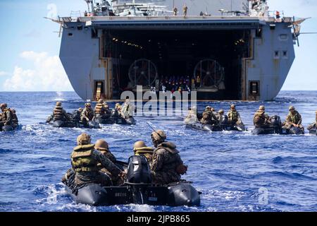 Philippinische See. 6. August 2022. US-Marines mit Bataillon Landing Team 2/5, 31. Marine Expeditionary Unit, sitzen in Formation in Kampf-Gummi-Raiding-Handwerk während einer Start-und Recovery-Übung, in der philippinischen See, August. 6, 2022. Die Marineinfanteristen führten diese Übung durch, um den Start und die Erholung von der USS New Orleans (LPD 18) mithilfe der Matrosen zu verfeinern, die LPD 18 zugewiesen wurden. Die 31. MEU ist an Bord der Schiffe der Amphibious Ready Group von Tripolis im Einsatzgebiet der 7. Flotten tätig, um die Interoperabilität mit Verbündeten und Partnern zu verbessern und als einsatzbereite Einsatztruppe für def zu dienen Stockfoto