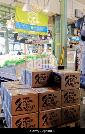 Kartons in Pike Place Fish Market Stockfoto
