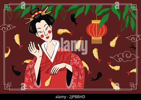 Japanisches Essen Tempura Zeichnung Poster Design. Japan Nationalgericht gebratene Garnelen in Teig. Sushi rollt Bar Werbebanner. Speisekarte mit asiatischen Meeresfrüchten oder Dekoration mit Geisha für Frauen. Vektor Stock Vektor