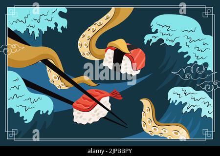Japanisches Essen Sushi und Sashimi Zeichnung Poster Design. Japan Nationalgericht Reis und roher Fisch und Garnelen. Tintenfisch oder Tintenfisch Tentakeln halten Essstäbchen auf Meereswellen. Seafood Roll Bar Menü Promo eps Banner Stock Vektor
