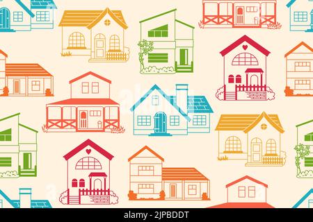 Haus vorne flach bunt nahtlose Muster. Grenzenlose Ornament verschiedene Fassade Dorf oder städtischen kleinen Häusern. Moderne Vintage gemütliche Gebäude Tapete wiederholen Design. Wohnhütte Villa Hintergrund Stock Vektor