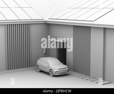 Lehm Rendering von Elektro-SUV (generisches Design) charing zu Hause Garage. Strom durch Sonnenenergie. 3D Rendering des Bildes. Stockfoto