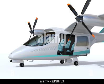 Elektrisches VTOL-Passagierflugzeug auf weißem Hintergrund. Urban Passenger Mobility-Konzept. 3D Rendering des Bildes. Stockfoto