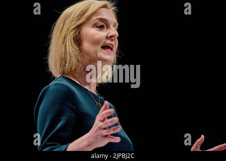 Perth Schottland, Großbritannien 16. August 2022. Elizabeth Truss bei der Führung der Konservativen Partei in der Perth Concert Hall. Credit sst/alamy live News Stockfoto