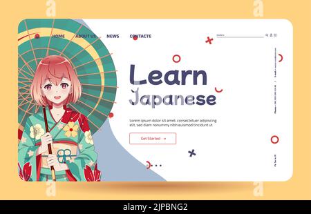 Anime Manga Mädchen in traditionellen japanischen Kimono Kostüm mit Regenschirm. Japanisch lernen - Vorlage für Landing Page Stock Vektor