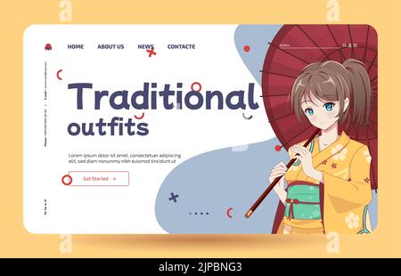 Anime Manga Mädchen in traditionellen japanischen Kimono Kostüm mit Regenschirm. Traditionelle Outfits - Landing Page Vorlage Stock Vektor