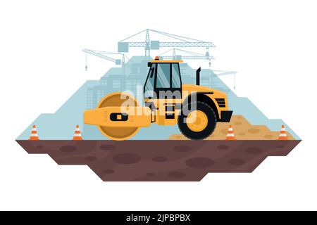 Bodenverdichter, die Arbeit der Nivellierung und Verdichtung von Land, schwere Maschinen in der Bau-und Bergbauindustrie verwendet Stock Vektor