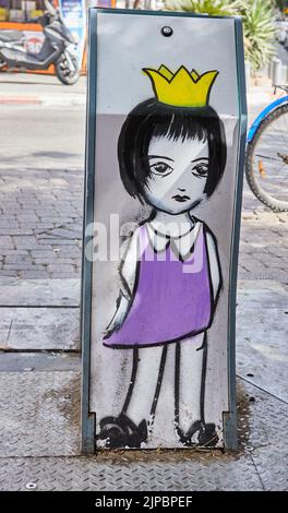 Graffiti auf Parkpollard im Zentrum von Tel Aviv gemalt. Stockfoto