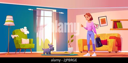 Hundefalle, verärgerte Besitzerin und lustiger Welpe bei beschädigter Inneneinrichtung mit kaputten Möbeln, Sessel mit zerrissenen Polstern. Haustier macht Chaos im Zimmer, freche Tier-Konzept, Cartoon-Vektor-Illustration Stock Vektor