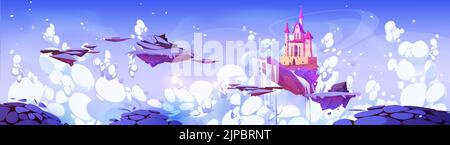 Fantasievolle Winterlandschaft mit Schloss, Schnee und gefrorenem Wasserfall auf schwimmenden Inseln. Königspalast, Eis und weißer Schnee auf Bodenstücken fliegen im Himmel mit Wolken, Vektor-Cartoon-Illustration Stock Vektor