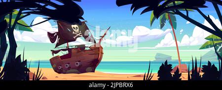 Piratenschiff am Strand der tropischen Insel mit Palmen und Weinreben. Altes Filibuster-Boot mit schwarzen Segeln und ruhigem roger-Schädel im Sand stecken, Szene für Adventure-Spiel, Cartoon-Vektor-Illustration Stock Vektor