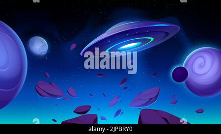 UFO-Untertasse im Weltraum mit Planeten und Sternen am dunklen Himmel. Alien-Raumschiff mit glühenden Lichtern fliegen in Galaxie, Kosmos oder Universum futuristische Fantasy-Szene für pc-Spiel, Cartoon-Vektor-Illustration Stock Vektor