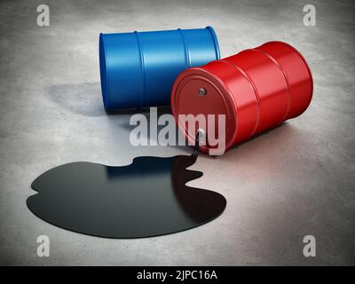 Blaue und rote Fässer mit verschüttetem Rohöl. 3D Abbildung. Stockfoto