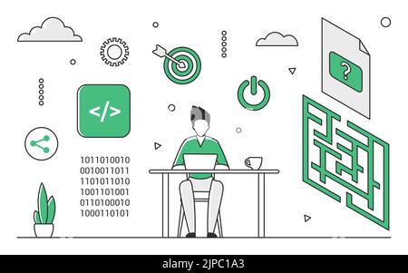 Softwarecodeentwicklung. Entwickler teamworking, App-Programmierung und Qualitätssicherung Ingenieur monocolor Vektor Illustration Stock Vektor