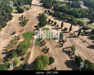 Peterborough, Großbritannien. 13. August 2022. Fairways im Milton Golf Club sind immer noch braun und ausgetrockelt, aber die Greens sind immer noch schön und üppig in Peterborough, Cambridgeshire, Großbritannien, am 13. August 2022 Credit: Paul Marriott/Alamy Live News Stockfoto