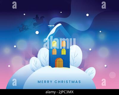 Merry Christmas Konzept Mit Snowy Chimney House, Silhouette Santa Claus Riding Rentier Sleigh Auf Gradient Blue Und Pink Bokeh Hintergrund. Stock Vektor