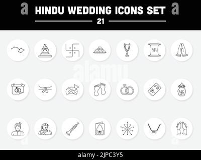 Black Line Art Set Von Hinduistischen Hochzeitssymbolen Auf Rundem Hintergrund. Stock Vektor